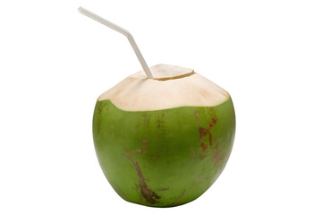 Fresh green coconut drink with straw isolated on a white background