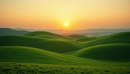 Fototapeta premium Rolling green hills are illuminated at sunrise, displaying a calming, peaceful vista scene.
