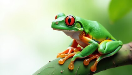 Obraz premium Green tree frog perched on white, vibrant skin, frog, frog isolated