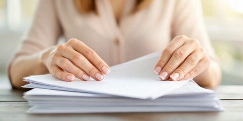 A person is organizing a stack of papers on a desk, focusing on paperwork and document management.