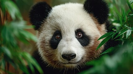 Obraz premium Enchanting Panda Portrait Amidst Lush Bamboo Foliage in Serene Wilderness