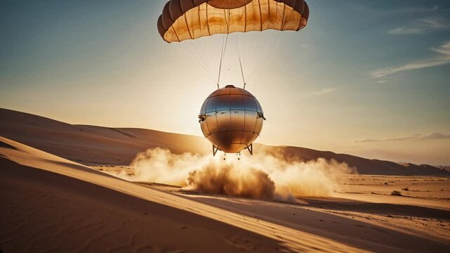 Desert landing of a futuristic craft at sunset with a parachute