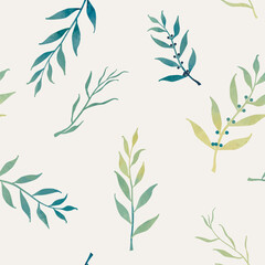 Green and yellow branches on a beige background. Twigs with leaves in a watercolor style. Laurel leaves, background for a wrapper or tablecloth. Vector seamless pattern.