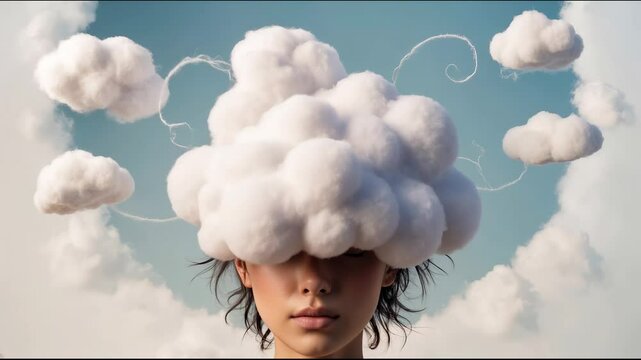 Creative visualization of thoughts represented as clouds over a person's head in a surreal landscape