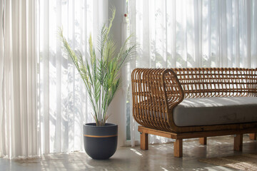 A collection of vibrant indoor plants in elegant pots placed near a sunlit window, enhancing a...