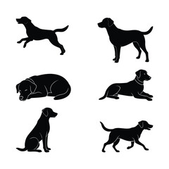Set of black dog silhouettes in different poses including sitting, running, laying, and sleeping. Perfect for pet designs, icons, and illustrations.