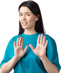Portrait of uncomfortable pretty brunette, raising palms in stop gesture. That is enough, thanks.