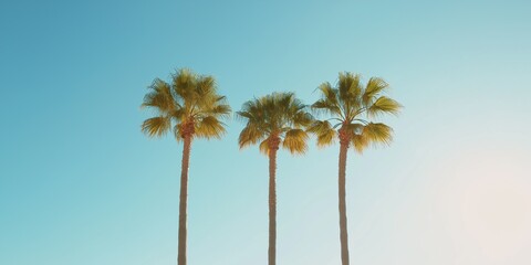 Three palm trees are standing in a field with a blue sky in the background. The trees are tall and green, and they are the only objects in the image