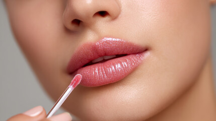 Naklejka premium Close-up of glossy lips with lip gloss application