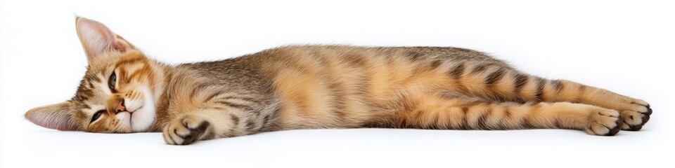 Fototapeta premium A cat is laying on a white background. The cat is relaxed and comfortable. The cat's fur is fluffy and soft