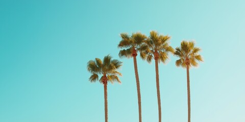 A row of palm trees are standing tall in a blue sky. The palm trees are all the same height and are evenly spaced apart. The sky is clear and bright, making the scene feel peaceful and serene