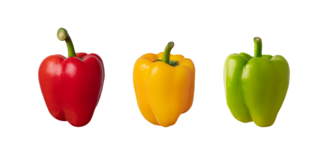 Red yellow green bell pepper isolated on white background. With clipping path. Organic Vitamin C rich vegetable, cut out outline sweet pepper for design. Traffic light colors