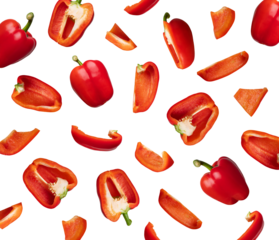 Pattern of whole and sliced red fresh bell pepper isolated on white background. With clipping path. Cut out sweet pepper for your design, mockup for advertising. Vegetable background