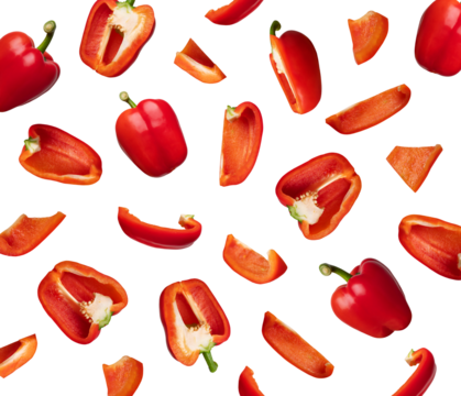 Pattern of whole and sliced red fresh bell pepper isolated on white background. With clipping path. Cut out sweet pepper for your design, mockup for advertising. Vegetable background