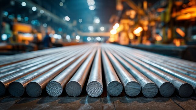 Steel rods in industrial warehouse, close-up view of metal bars in manufacturing facility
