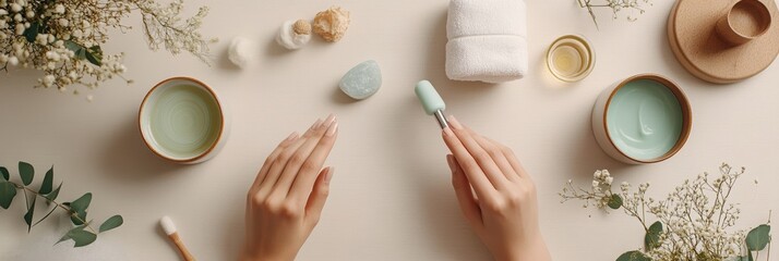 Young caucasian female preparing for relaxing home spa day with manicure tools and aromatherapy in serene natural setting for pampering. Spa accessory composition set in spa hotel