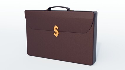 A 3d rendering of isolated, closed and rectangular briefcase, positioned prominently on the front flap is a shiny, gold-colored dollar sign.