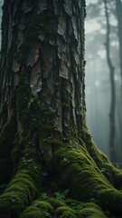 Obraz premium Macro of moss-covered tree bark in low-contrast foggy light, subtle muted botanical tones, soft mossy ground visible, ultra-detailed