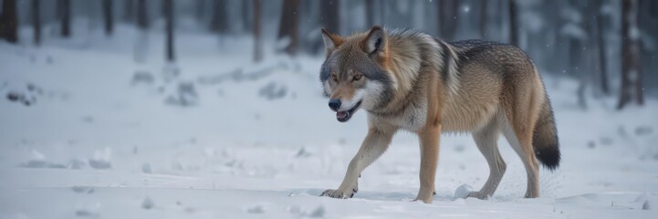 Obraz premium Lone Eurasian wolf trekking through deep snow, blurred background , survival, predator