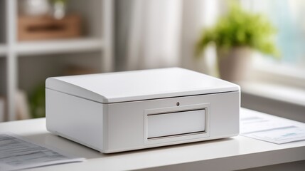 Minimalist white document lockbox on home desk with soft daylight and blurred indoor background perfect for secure storage visuals, home office setups and clean product presentations