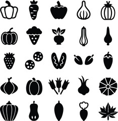 Collection of Black Vegetable and Fruit Icons