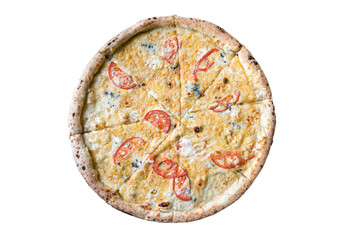 Close up of a delicious four cheese pizza with melted mozzarella, parmesan, gorgonzola, and cheddar on a crispy crust. Perfect for food blogs, menus, and culinary projects.