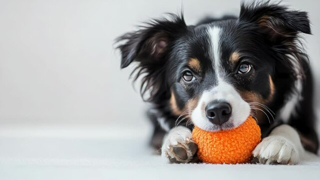 Adorable beautiful cute dog posing for photographer playing with her favorite toy on white background