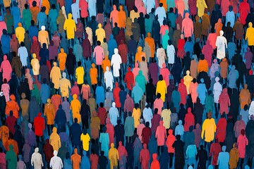Aerial view of a large crowd of people wearing colorful clothing and walking in the same direction