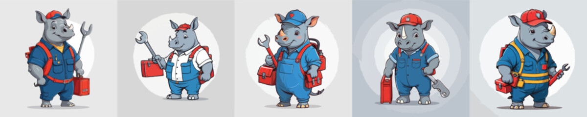 Naklejka premium Cute Rhino Mechanic Mascot Vector – Animal Character in Workshop Uniform with Tools