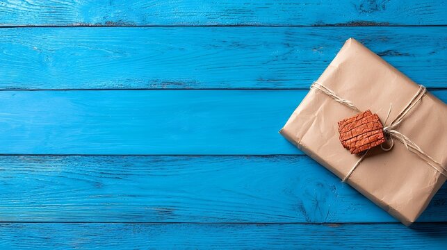 Brown Paper Parcel on Blue Wood