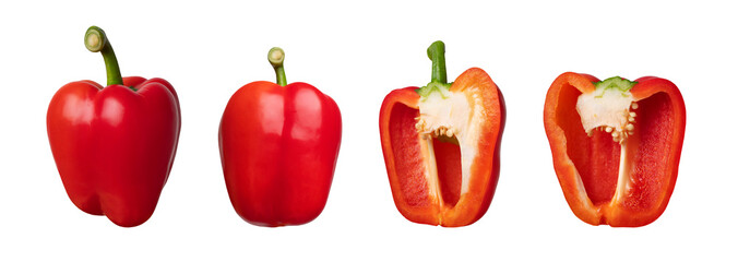Collection of whole, sliced red fresh bell pepper isolated on white background. With clipping path. Cut out outline sweet pepper for your design, mockup for advertising. Organic vegetable, food