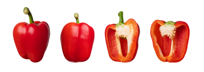 Collection of whole, sliced red fresh bell pepper isolated on white background. With clipping path. Cut out outline sweet pepper for your design, mockup for advertising. Organic vegetable, food