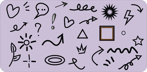 single line art arrows shows an inscription  Line marker hand drawn brush arrow element set. Sketch pencil stroke vector illustration pen underline scribble icon. line art heart, crown, star symbol 