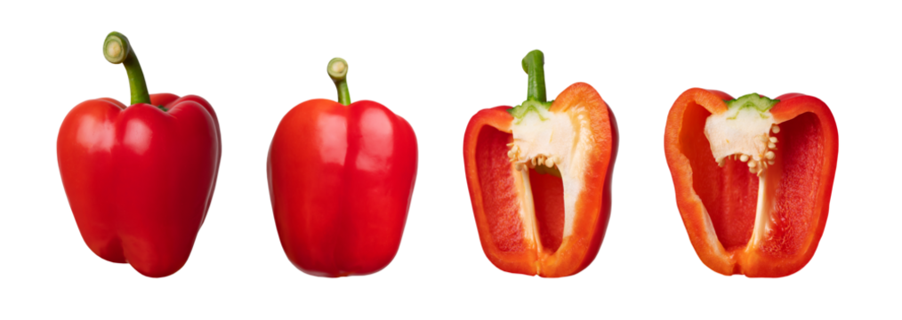 Collection of whole, sliced red fresh bell pepper isolated on white background. With clipping path. Cut out outline sweet pepper for your design, mockup for advertising. Organic vegetable, food