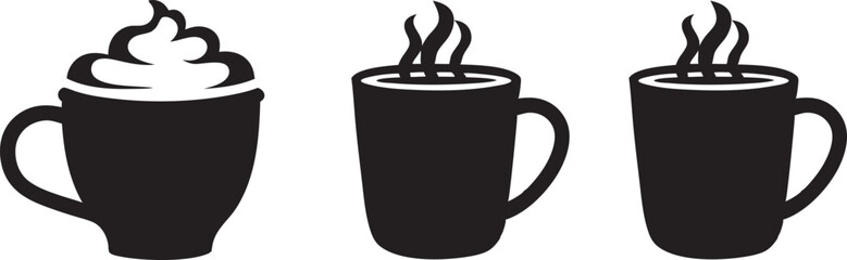 Black Coffee Cup Silhouettes with Cream Topping – Vector Set

