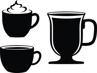 Black Coffee Cup Silhouettes with Cream Topping – Vector Set

