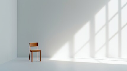 Wooden chair in sunlit white room with bold diagonal shadow