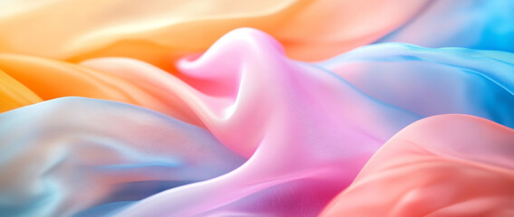 Obraz premium Close-up of colorful, pastel-pink, orange, and blue silk fabric flying in the wind with a blurred background.