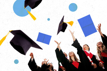 Template poster trend artwork 3D collage of colleagues excited pull hat up fly academic diploma...