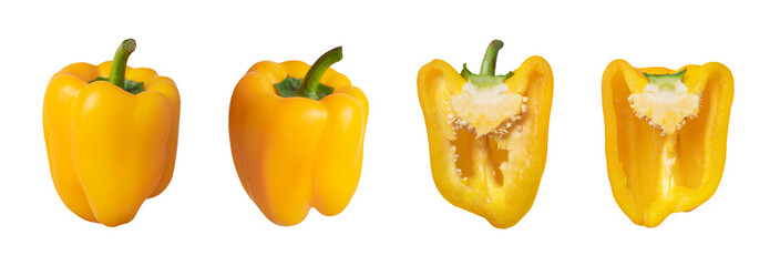 Yellow fresh whole and cut bell pepper isolated on white background. With clipping path. Vitamin C...
