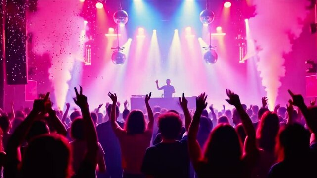 A vibrant, high-energy DJ party or club concert filled with dazzling colors, thumping music, and festive vibes. lights flicker across a packed dance floor, crowd Christmas party and Happy new year 