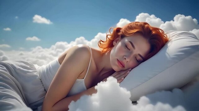 Young woman lying on the clouds, having a deep and restful sleep