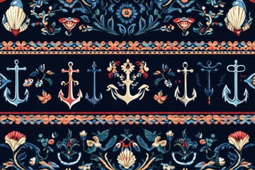 pattern of tridents, anchors, shells and embroidery borders symbolic mix of Tryzub and marine motifs