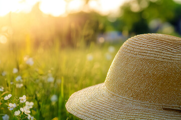A close-up of a straw hat resting on a grassy field with soft sunlight filtering through trees, creating a warm and inviting atmosphere.
