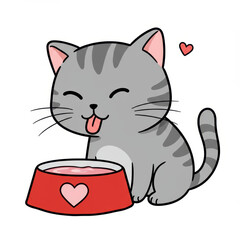 Cartoon cat with food bowl isolated on white background