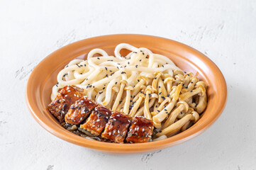 Udon Bowl With Eel, Mushrooms, Sesame Seeds, And Glossy Unagi Sauce