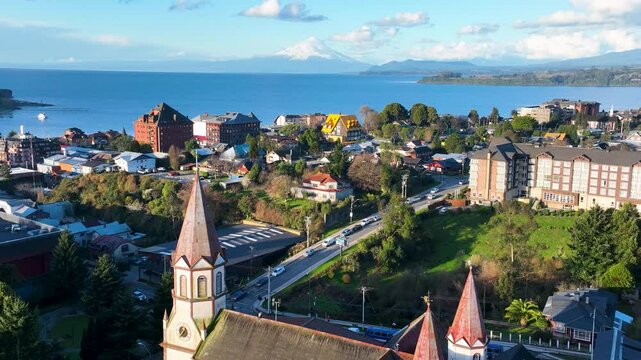 Famous Church In Puerto Varas Los Lagos Chile. Bird Eye View Of Church Standing Tall Amidst Beautiful Scenery. Business Sky Downtown Cityscape. Business Downtown Up Above. Puerto Varas Los Lagos.