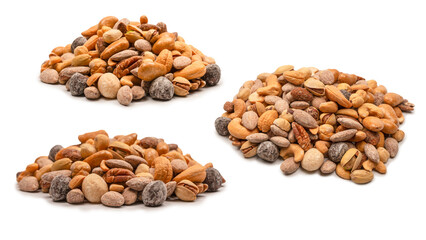 A group of almonds, pistachios, walnuts, macadamia, cashews.