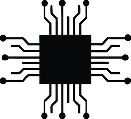 A black microchip component displays complex connectivity on a transparent white background clearly