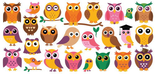 Cute Cartoon Owls Collection Diverse Colorful Birds